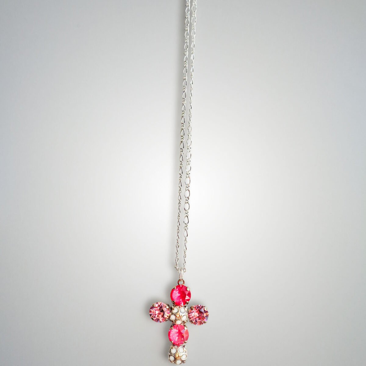 Crystal cross pendant necklace ,dahlia pink - 45cm