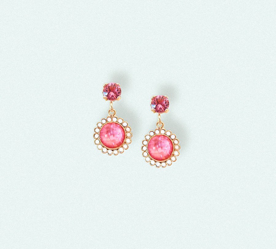 Halo crystal floral drop earrings,dahlia pink