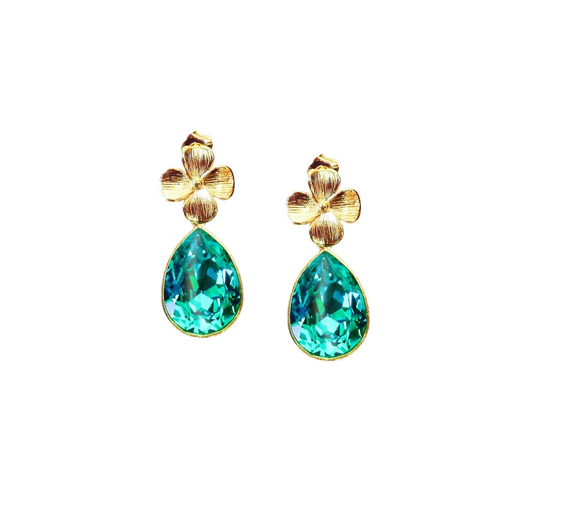 Crystal pear drop earrings,caribbean green