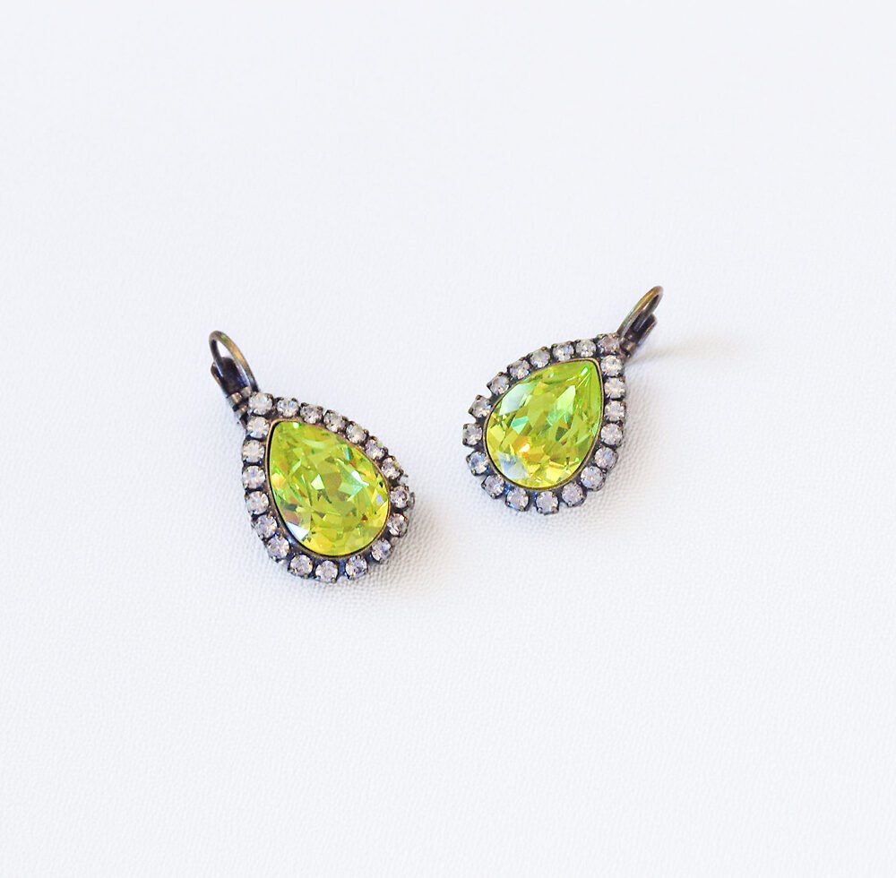 Crystal halo pear drop earrings,citrus green