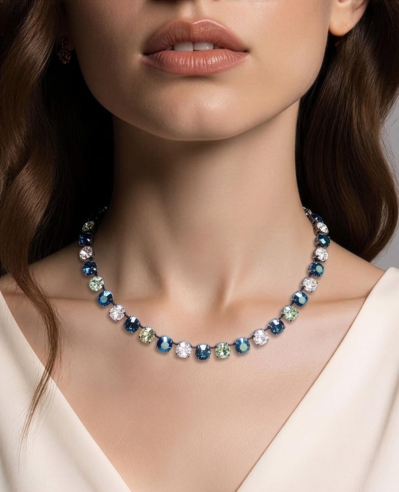 Crystal tennis necklace, metallic blue,green