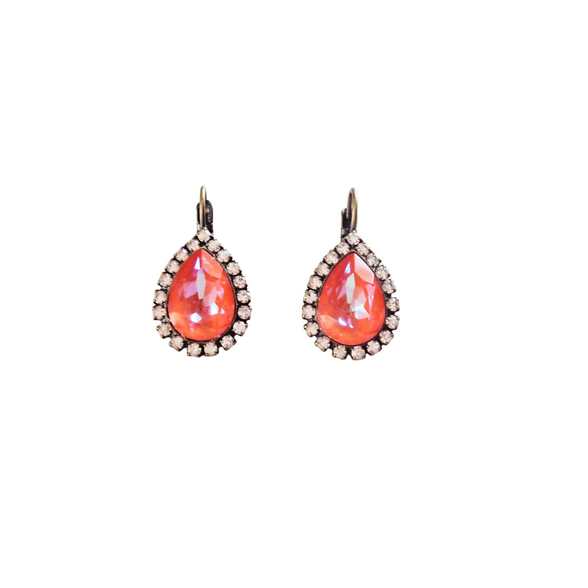 Crystal halo pear drop earrings,orange glow