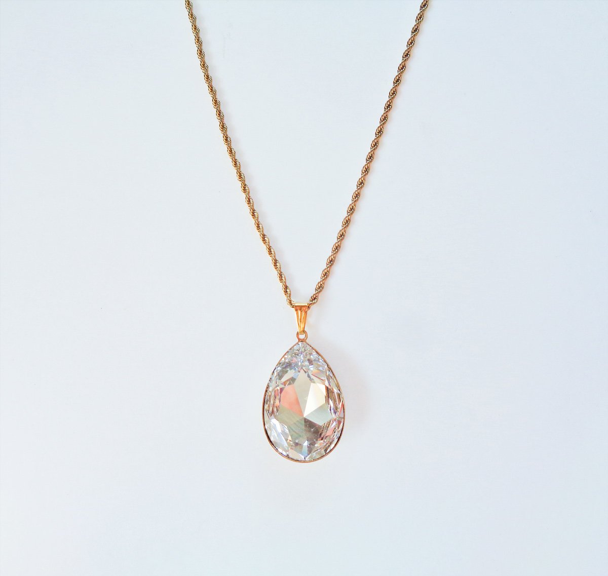 Large crystal pear pendant necklace ,clear crystal,gold