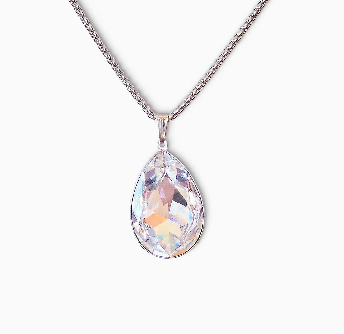 Large crystal pear pendant necklace ,clear crystal