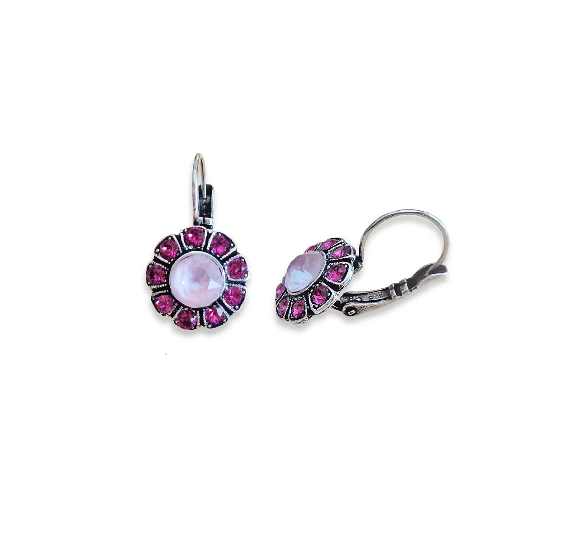 Crystal flower drop earrings,dark rose and soft pink