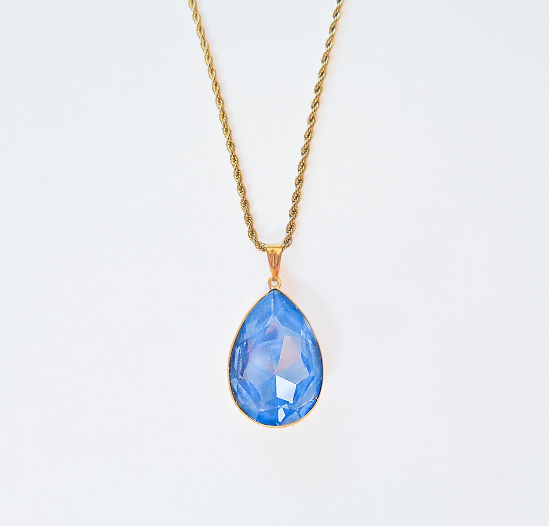 Large crystal pear pendant necklace ,denim ignite,gold