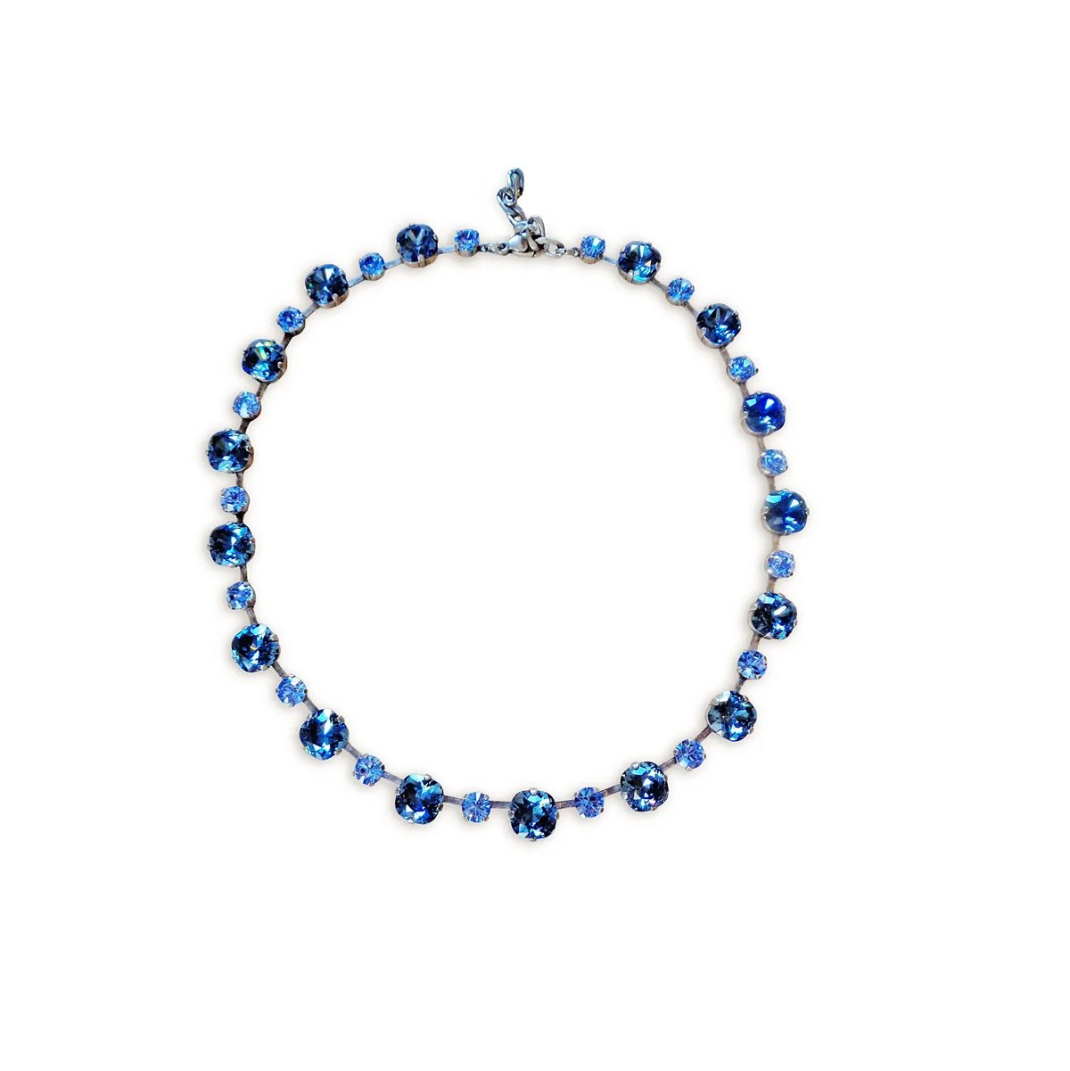 Crystal  tennis necklace,square and round crystals,denim blue,light sapphire,antique silver plated