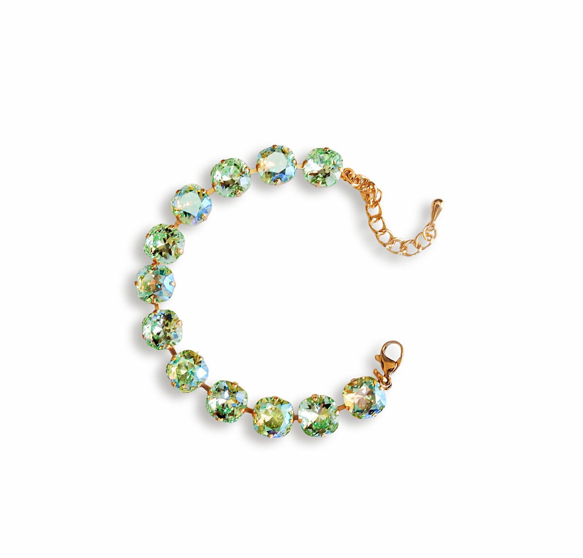 Square crystal tennis bracelet,chrysolite shimmer
