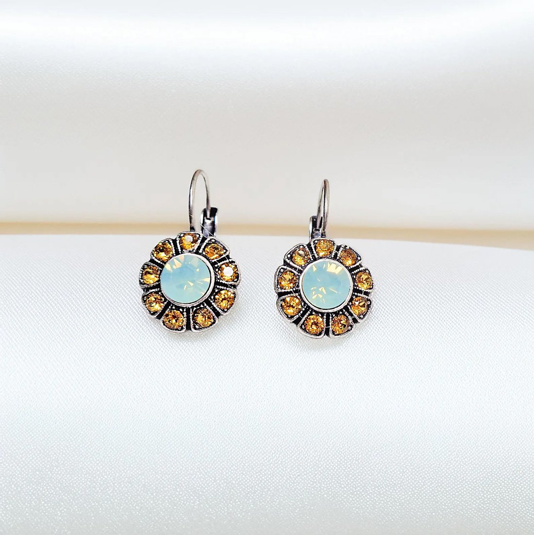 Crystal flower drop earrings,topaz and pacific