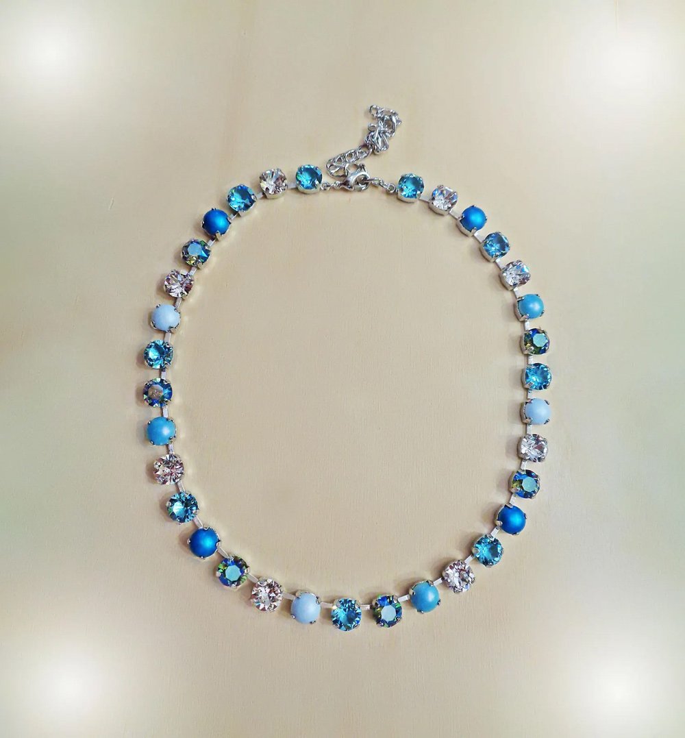 Crystal  and pearl tennis necklace,light turquoise,pastel blue
