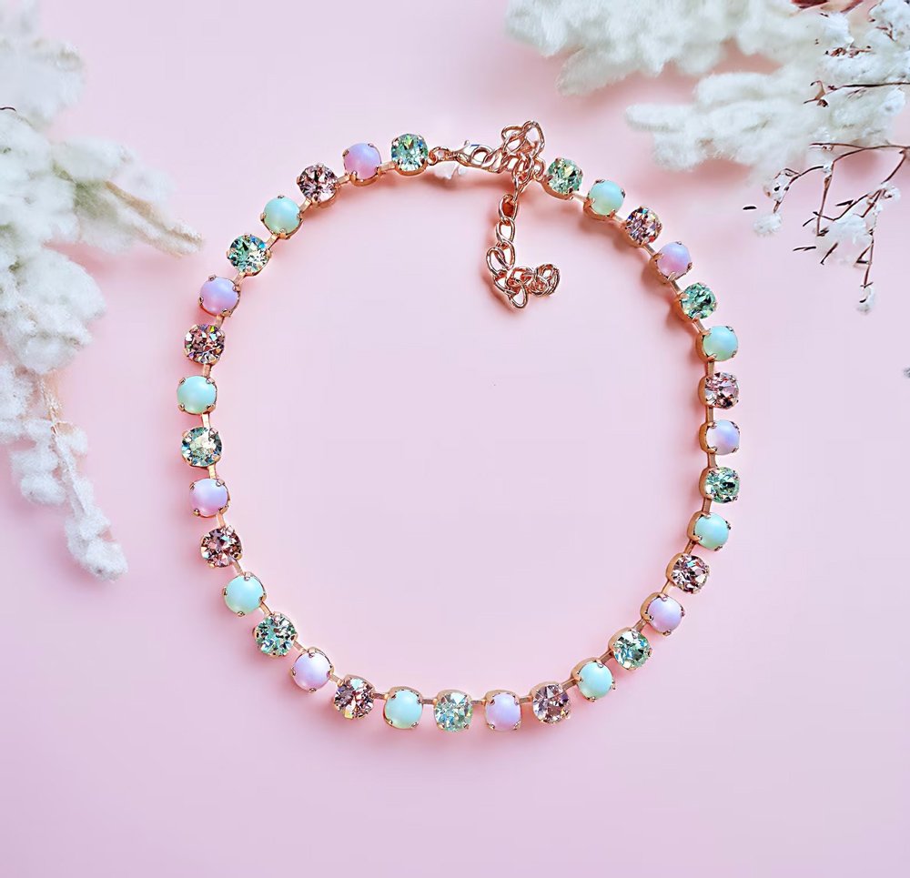 Crystal and pearl tennis necklace, pastel green and pink