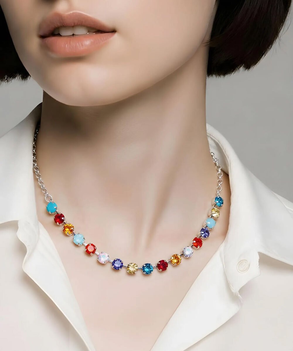Crystal chain necklace, multicolor,rhodium silver