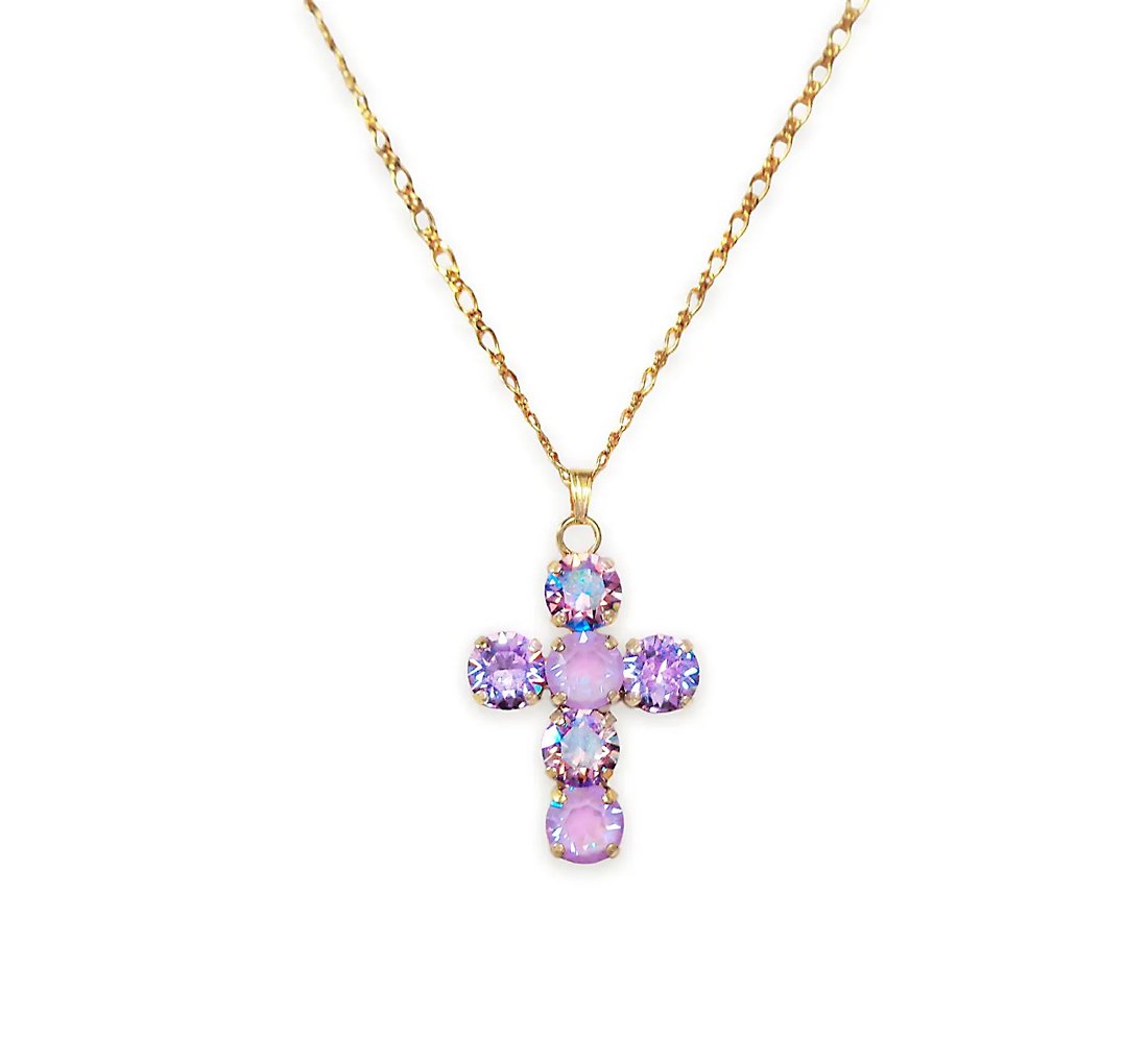 Crystal cross pendant necklace ,lavender delite