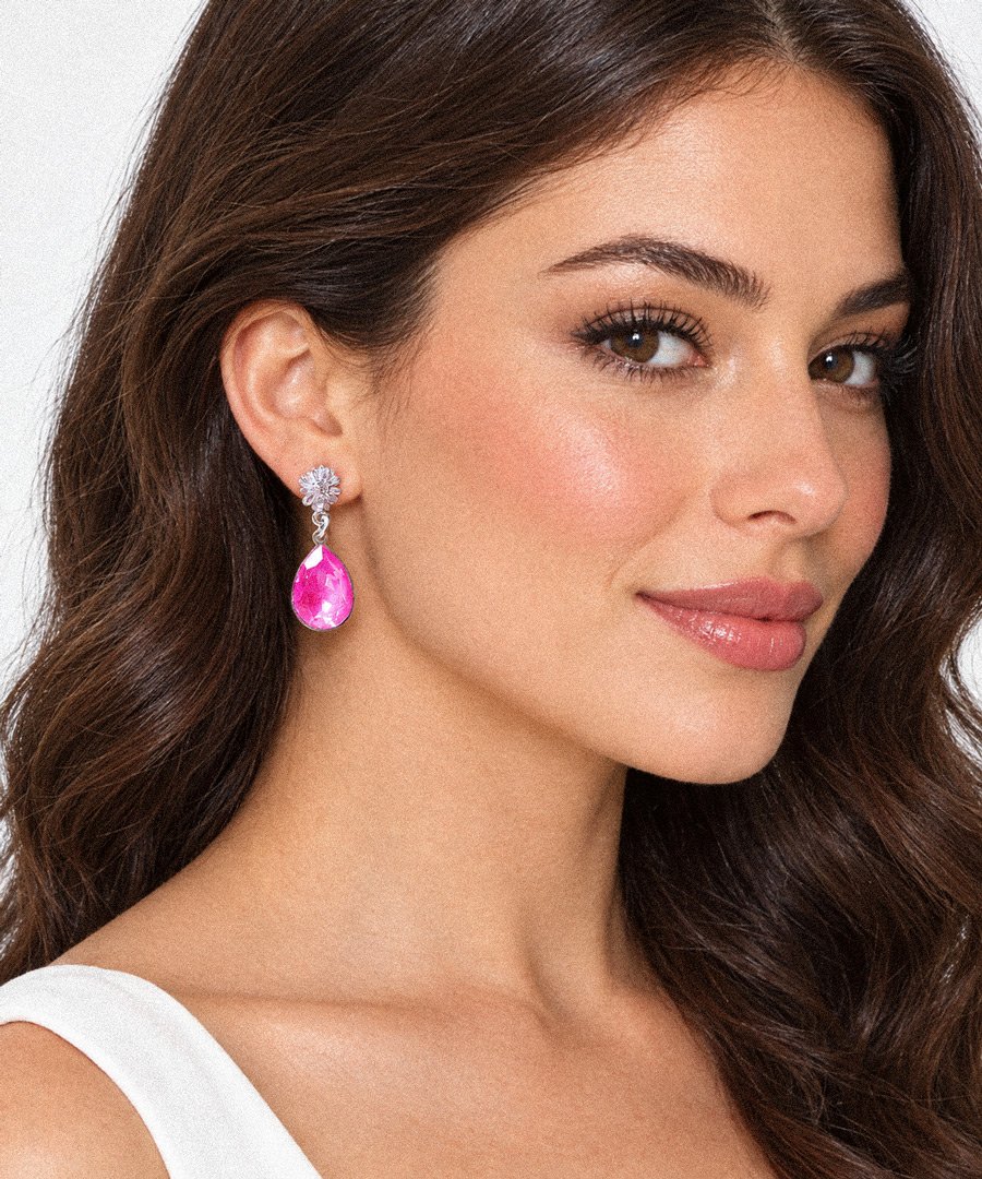 Crystal pear drop earrings,electric pink