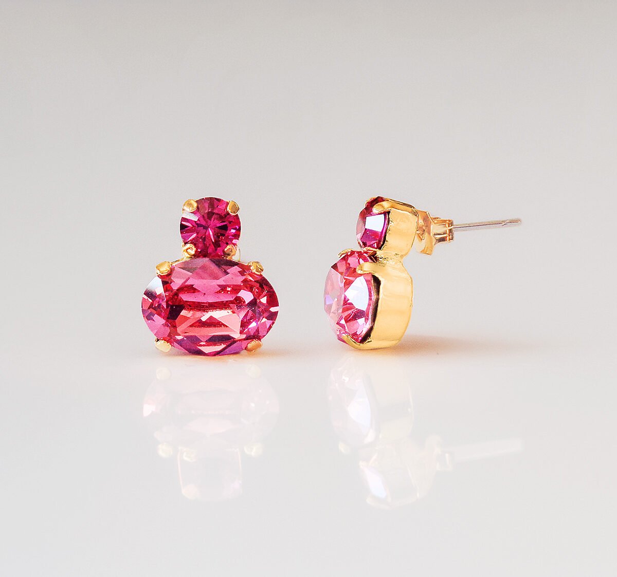 Crystal stud & drop oval earrings,hot pink