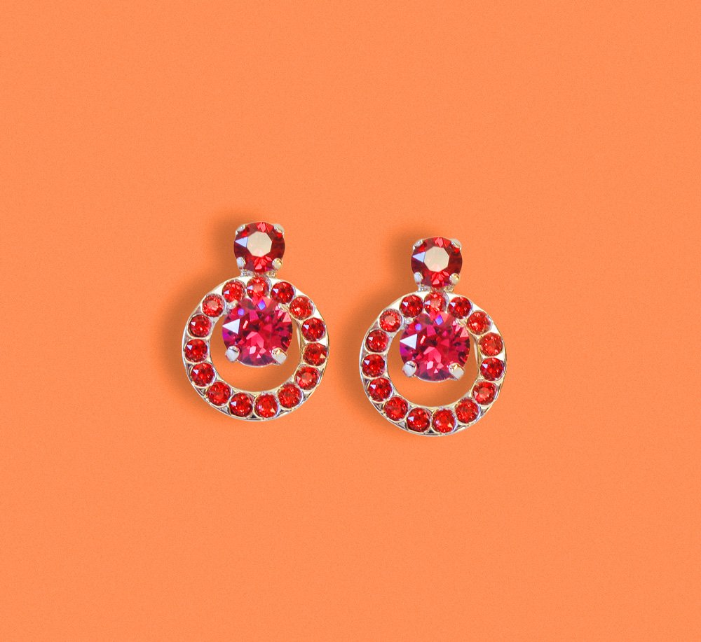 Crystal stud and drop earrings,red and fuchsia