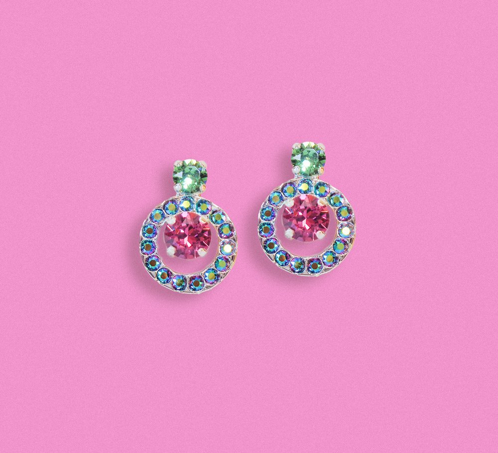 Crystal stud and drop earrings,green & dark rose